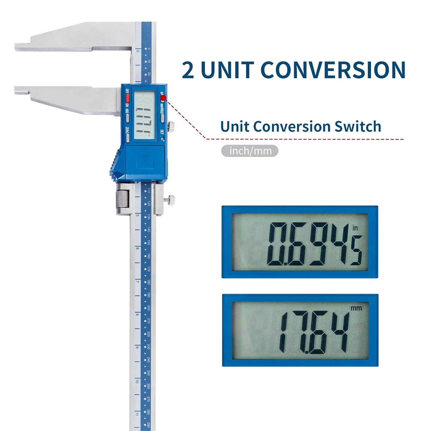 Dasqua 0-12"/300mm Heavy Duty Long Jaw Absolute Origin Digital Caliper, IP54 Stainless Steel Electronic Measuring Tool, in/mm Conversion, Accurary ±0.002"/0.04mm, Resolution 0.0005"/0.01mm