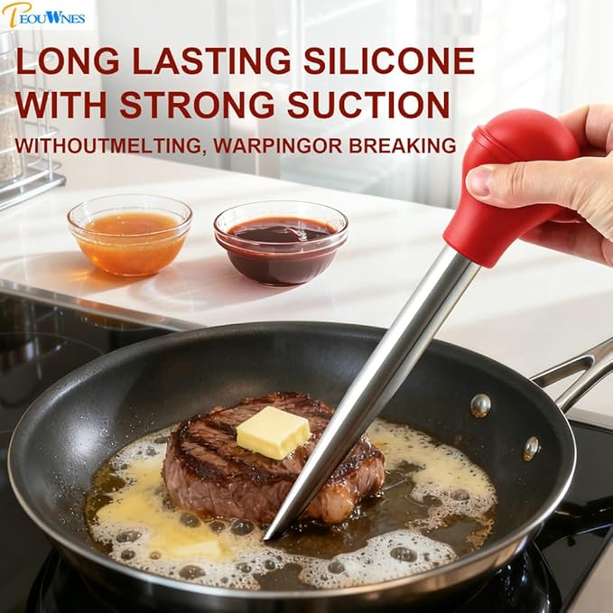 Stainless Steel Turkey Baster with Cleaning Brush & Needle, Red Meat Injector Set for Home Baking Kitchen Tool Cooking, Flavor Meat Poultry, Beef, Chicken