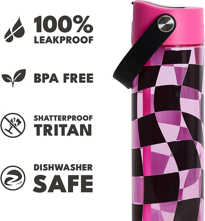 Elemental Splash Water Bottle with Straw - BPA-Free Tritan Plastic Reusable Water Bottle with Strap - Ideal for Travel, Gym and Sports - Leak Proof when Spout is Closed - 26oz - Pink Checkers