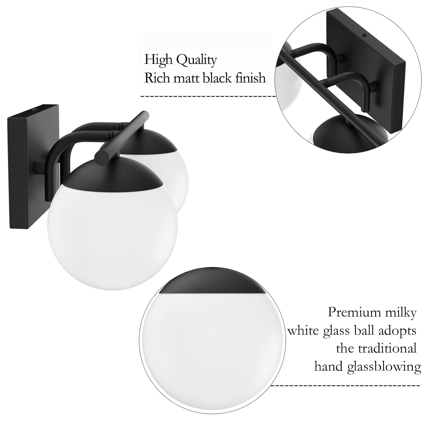 Ralbay 2-Light Bathroom Vanity Light Fixture - Black Mid Century Modern With Matte Black Milky Glass Globe, Model 1167