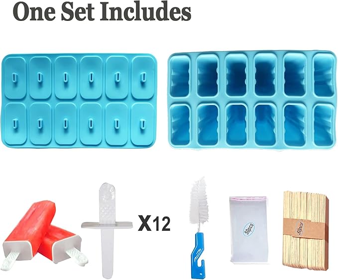 Silicone Popsicle Molds with Sticks Wpunwen 12 Cavity Ice Popsicle MoldsIce Cream Mold with Clean Brush 12 Reusable Sticks 50 Sticks 50 Bags Blue