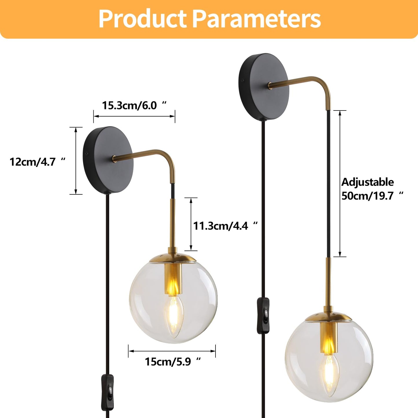 KUZZULL Wall Sconces Set of 2, Black and Brass, Globe Clear Glass Shade, 29in, Plug-in with Cord Switch