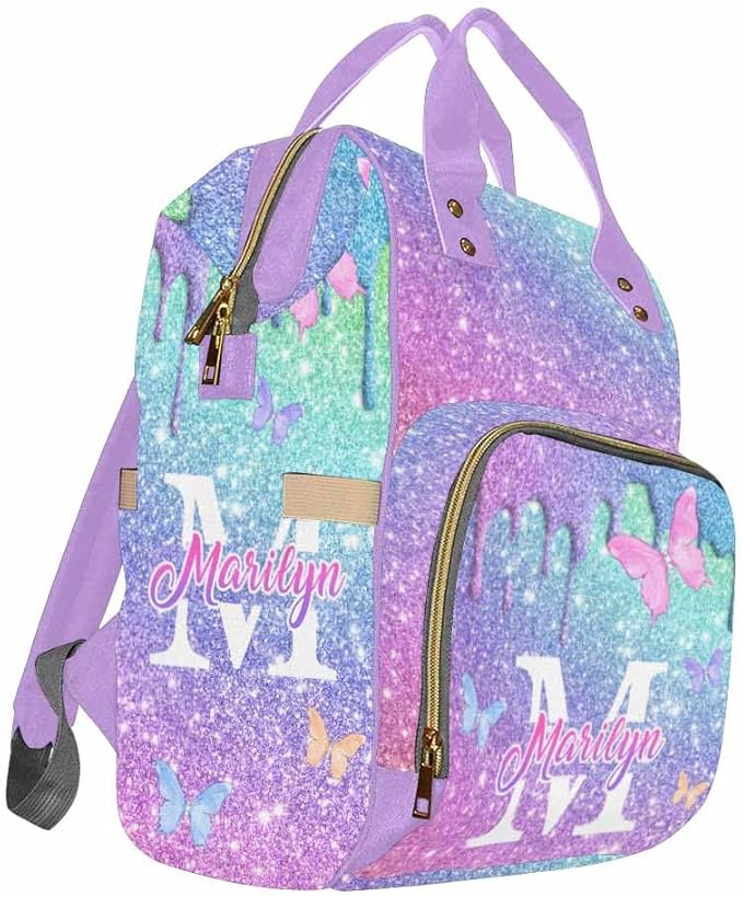 Customize Diaper Bag Nappy Daypack Expandable with Adjustable Shoulder Straps Nappy Daypack African Men Customized Name Gift For Baby Mom Gift, Neon Butterfly