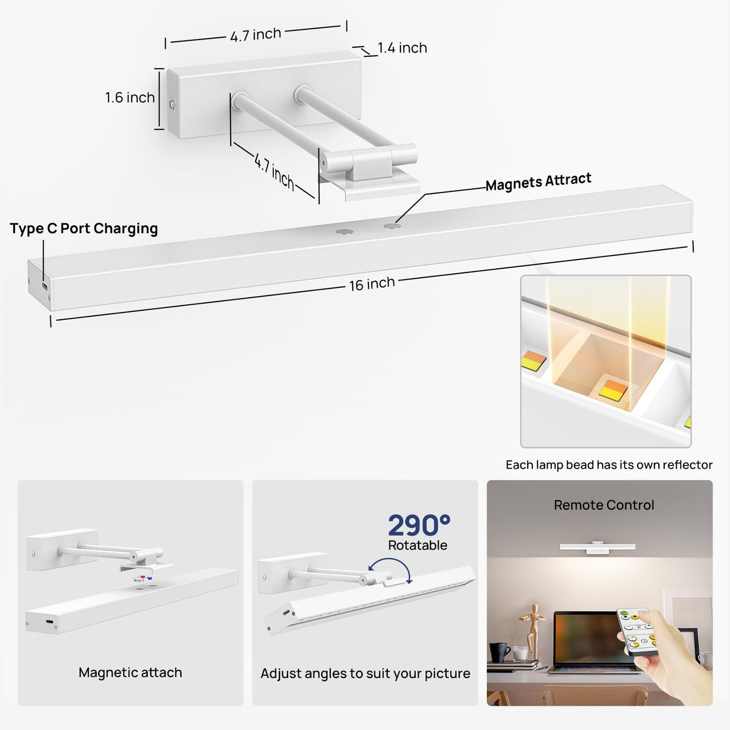 PESUTEN Picture Light Battery Operated, 16in Wireless Art Light for Paintings CCT Dimmable Recharging Battery Picture Light with Remote Control for Gallery Dartboard Art Bedroom Bathroom White
