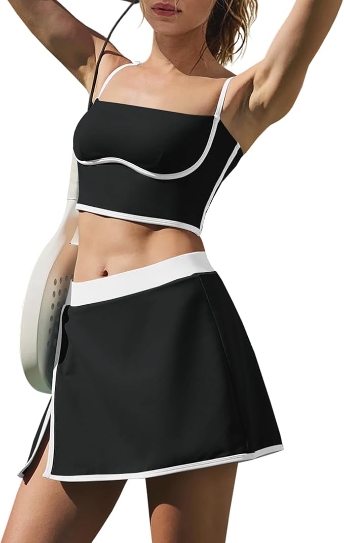 LAMISSCHE Tennis Skirt Sets Women 2 Piece Outfits Yoga Workout Set Skirt and Top Set with Built in Bra & Shorts
