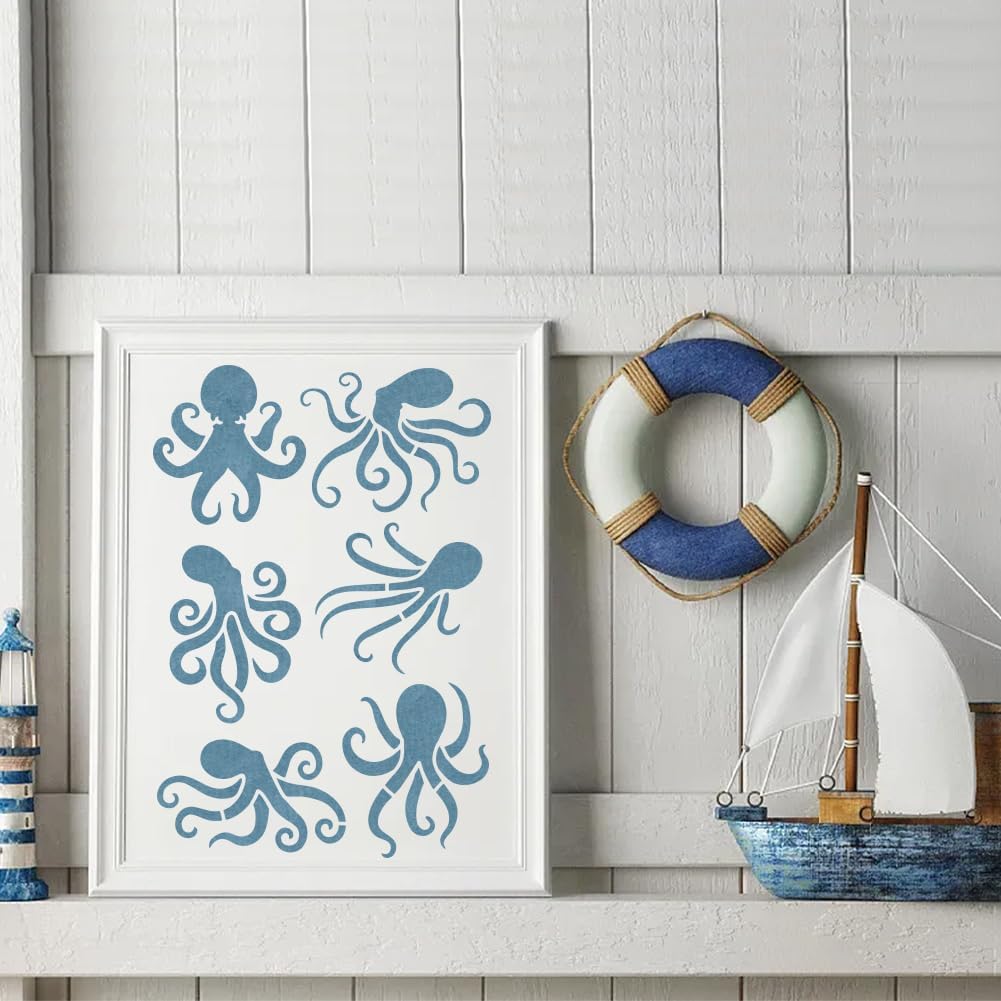 FINGERINSPIRE Octopuses Stencil with 1Pc Plastic Paint Brush 8.3x11.7inch Reusable Octopus Pattern Animal Theme Template for Painting on Wall Wood Fabric Canvas Furniture DIY Home Decoration