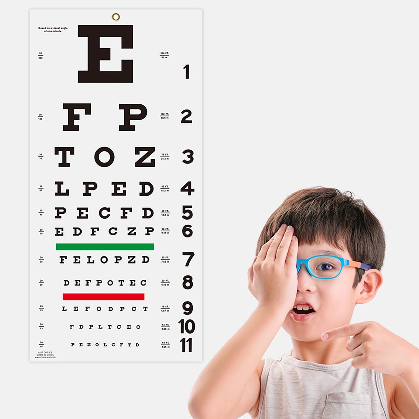 AISITESY Snellen Eye Chart with Fixing Sticker 11x22 in Eye Charts for Eye ExamsIdeal for Doctor's OfficeSchool, Home with Eye occluder and Pointer 4 Fixation Patches