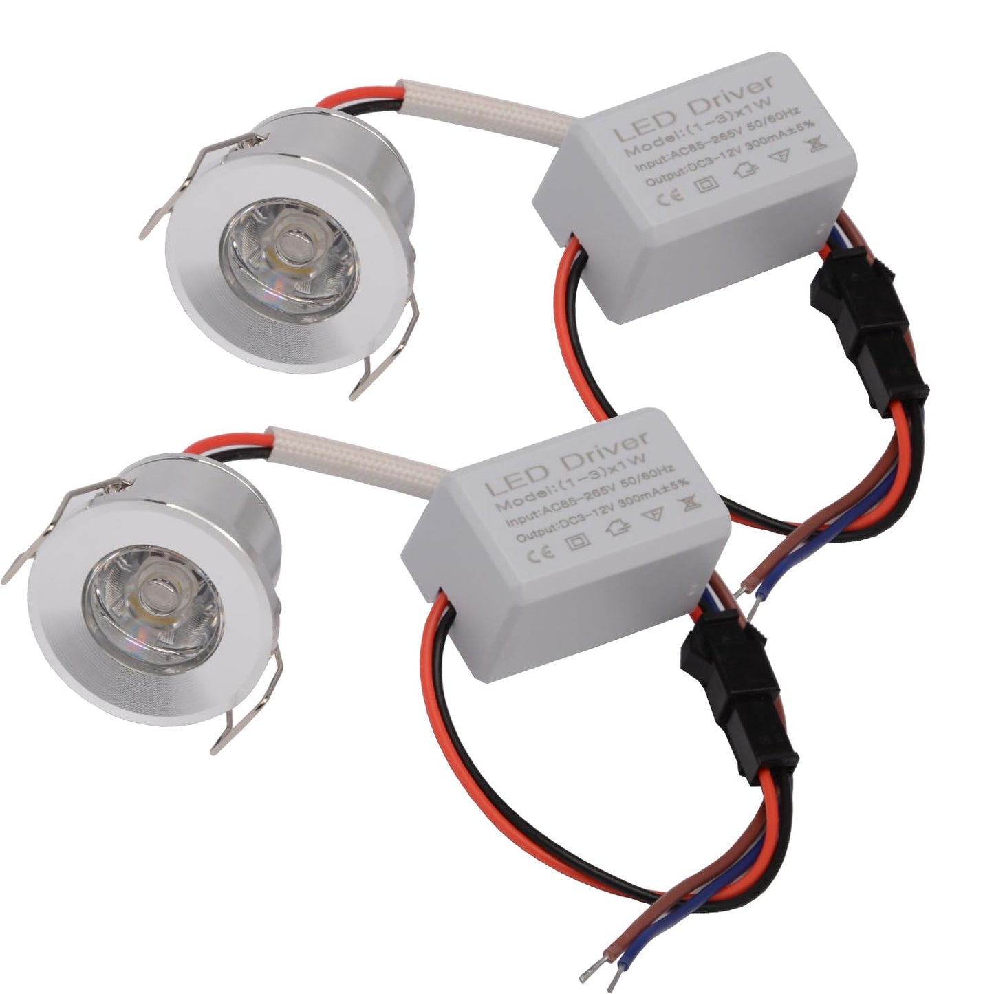 Scpopfer 2Pack 1W Mini Spotlights Recessed Ceiling Showcase Display Under-Cabinet Indoor Lights Fixture With Ac 110V 220V To Dc3-12V Led Power Supply Driver 3000K Warm-White Lighting Silver-Shell