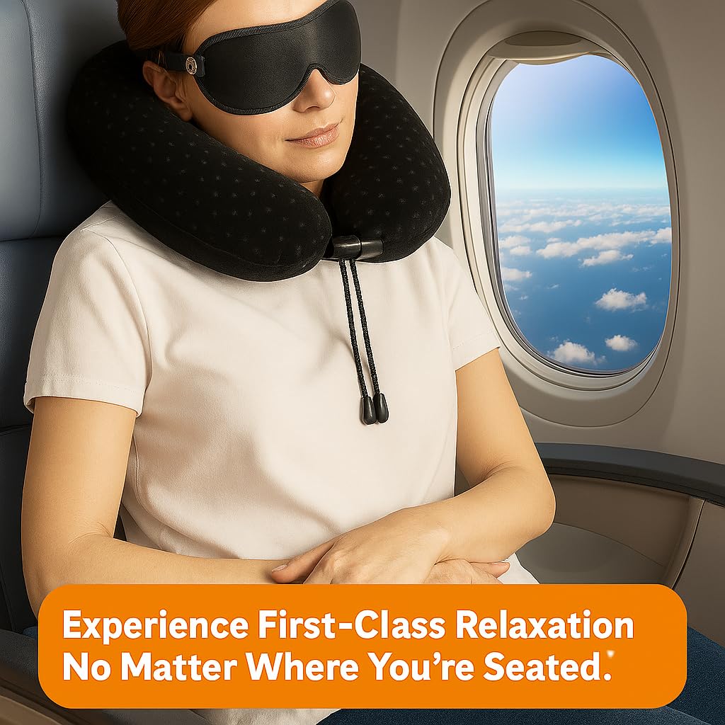 Aeris Memory Foam Travel Pillow for Airplanes - Best Airplane Neck Pillow for Long Flights - Plane Accessories Carry Bag to Save Space, Ear Plugs and Eye Mask - Perfect Flight Set & Gift