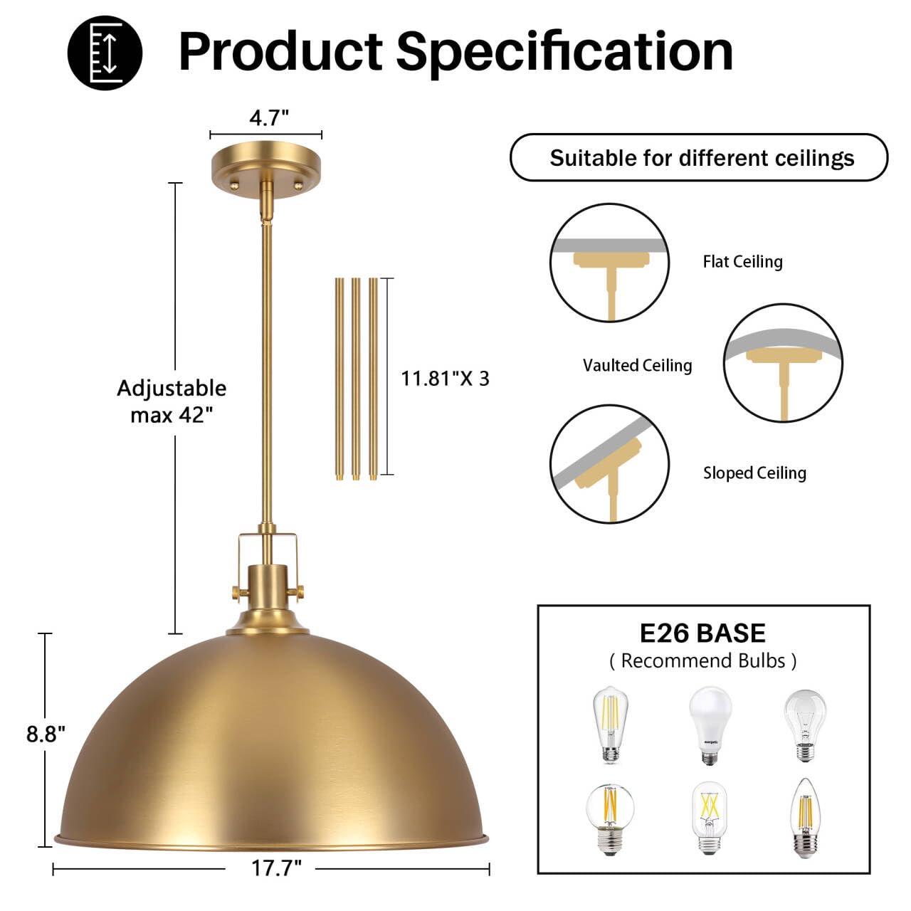 Lamqee 18 Inch Brushed Gold Large Pendant Light Kitchen Island  Farmhouse Modern Dome Pendant Light Fixtures Ceiling Hanging Lighting Chandelier For Dining Room Over Table  Bar  Hallway  Entryway