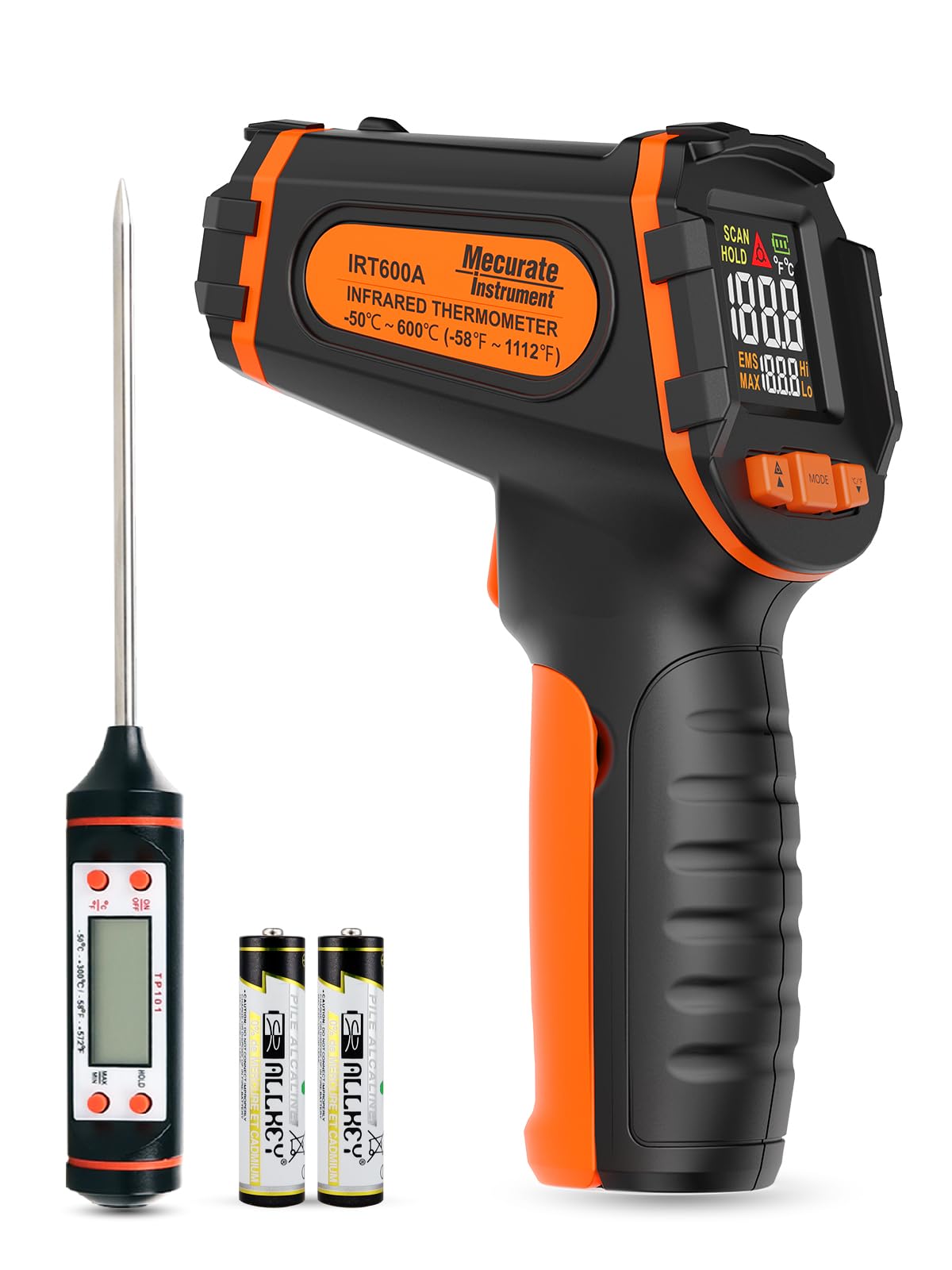 Mecurate Infrared Thermometer Gun -58°F to 1112°F, Laser Temperature Gun with Adjustable Emissivity, Max/Min/Hold for Cooking, BBQ, Freezer, Industrial Use,with Long Probe Meat Thermometer