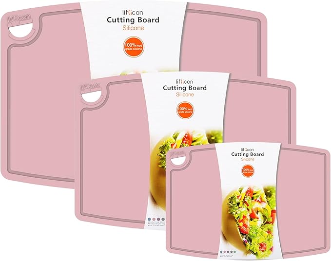 Liflicon Silicone Thick Cutting Boards Mats Set of 3 Foldable & Flexible Design Juice Grooves Easy Grip Handle Dishwasher Safe for Kitchen,BPA free Silicone Cutting Board-sort pink