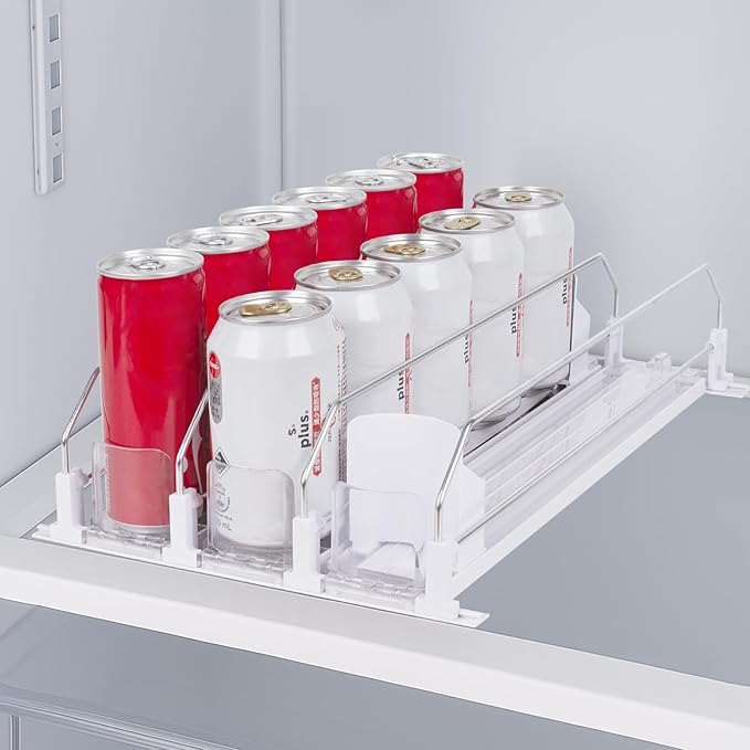 Drink Organizer for Fridge, Refrigerator Can Organizer, White Automatic Pusher Glide Drink Dispenser for Fridge, Soda Bottle holder for refrigerator, Holds up to 15 Cans, 3 Row