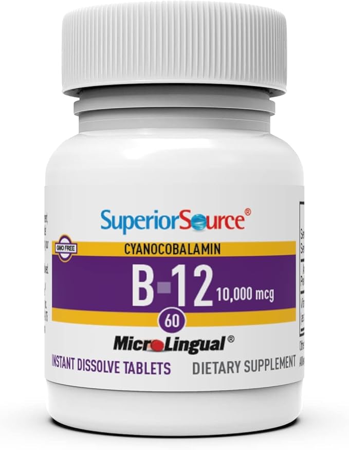 Superior Source No Shot Vitamin B-12 Cyanocobalamin 10000 mcg - Vitamin B-12 to Support Energy Production, Brain Health & Overall Wellness - Sublingual Tablets - 60 Dissolvable Tablets