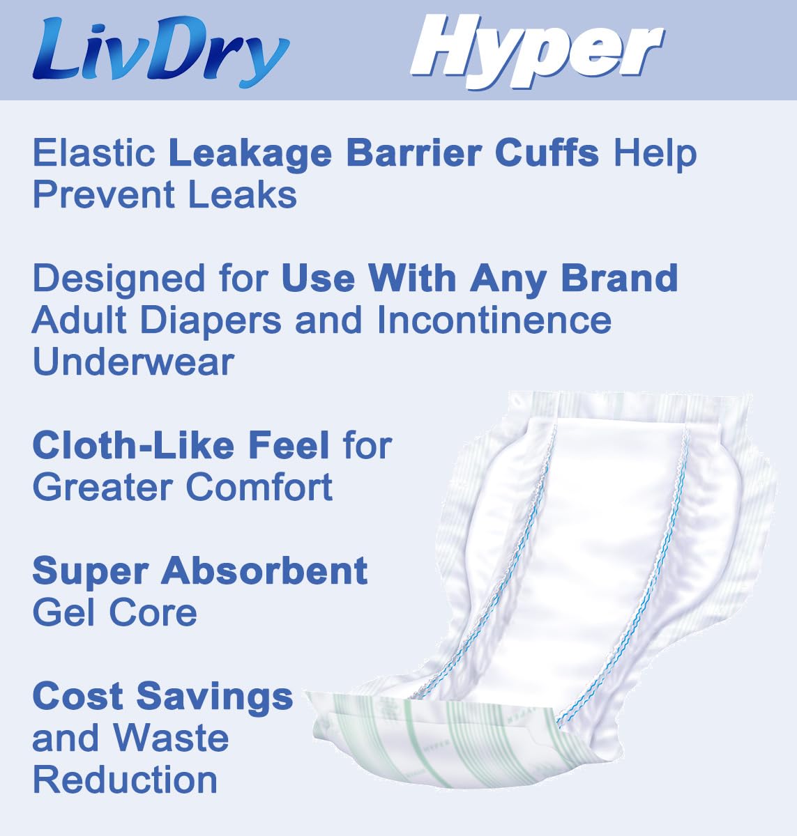 LivDry High Absorbency Pad Insert for Incontinence Briefs and Adult Diapers, Women and Men, Hyper 1600 (30 Count)