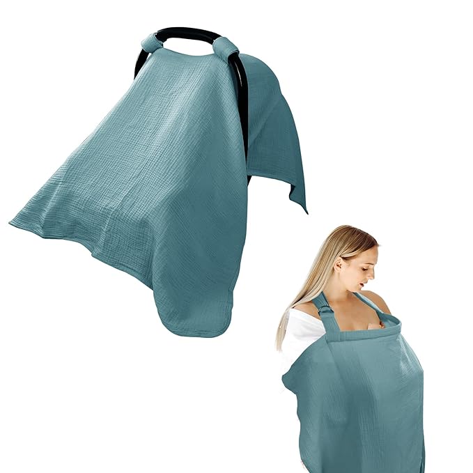 Hooyax 2-in-1 Baby Car Seat Cover & Nursing Cover, 100% Muslin Cotton, Breathable Car Seat Canopy and Privacy Breastfeeding Cover, Blue