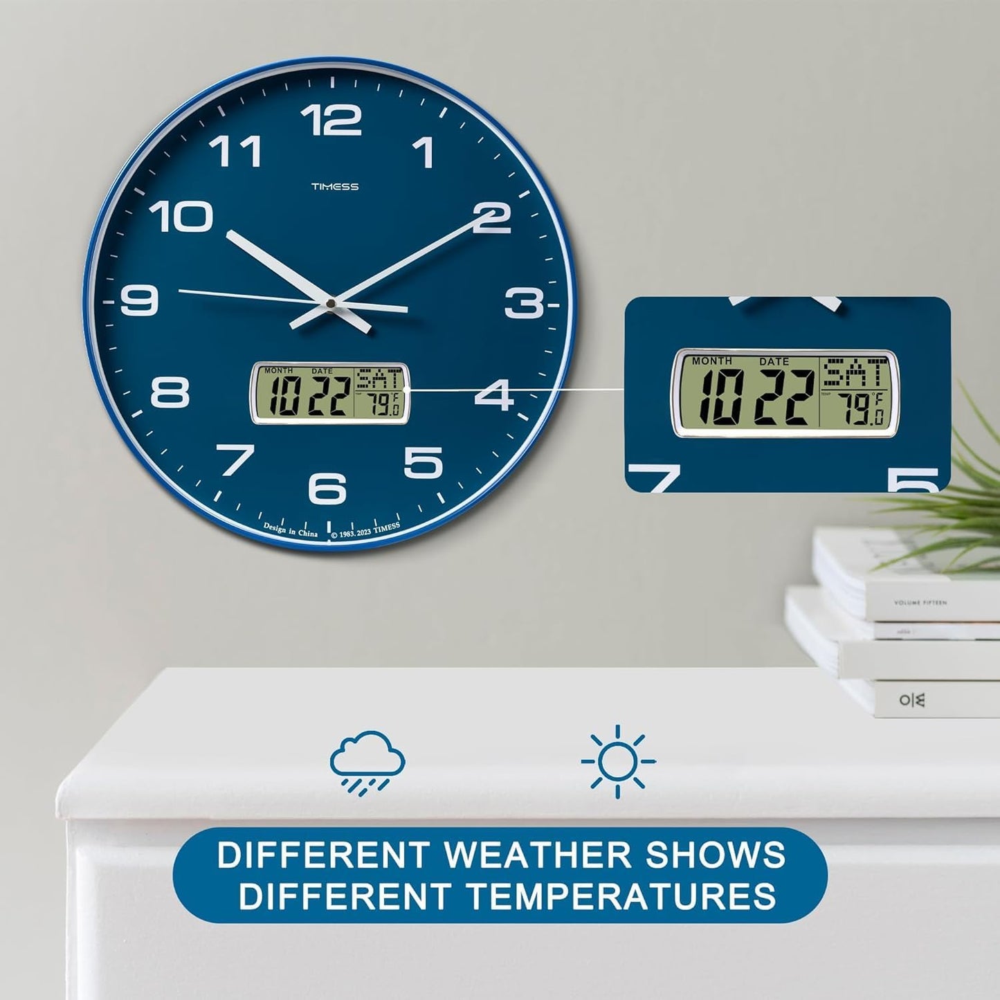 Wall Clock, 13" Dial Non-Ticking Silent Battery Operated Analog with LCD Display for Perpetual Calendar and F° Temperature, Ideal Modern Home, Office Decor (Blue)