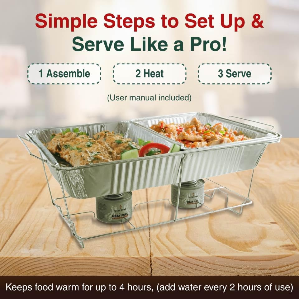 5 Pack - Disposable Chafing Dish Buffet Set - Large Full Size (52 pcs) – Catering Food Warmers with Half-Sized Serving Pans, Lids, Racks, Utensils & Fuel Cans - Perfect for Buffets & Food Serving
