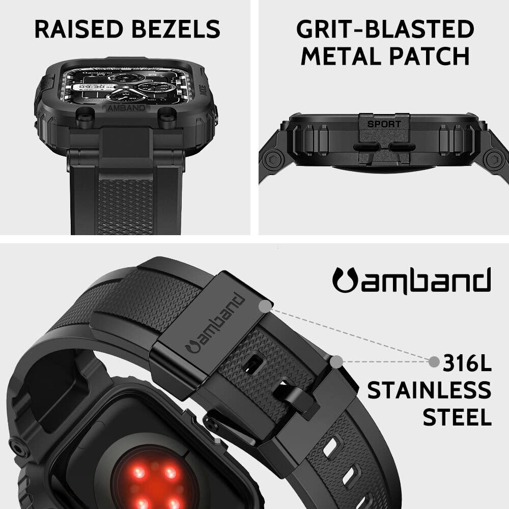 amBand Bands Compatible with Apple Watch 9/8/7/SE (3/2/1)/6/5/4 45mm/44mm Case for Men, M1 Sport Series Rugged Case Protective Cover for iWatch SE3/SE2/6/SE/5/4/3 42/44/45mm Men Black