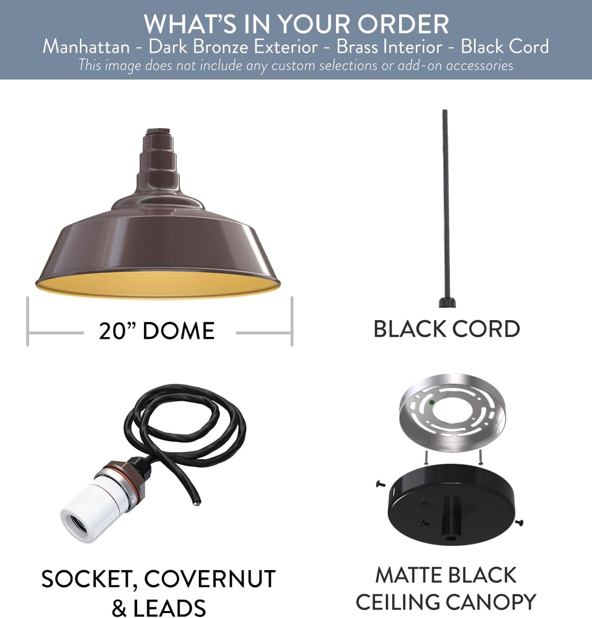 Steel Lighting Co. Manhattan Warehouse Light | Ceiling Mounted Pendant | 20 inch Dome | Black Cord | Large Steel Barn Light Made in America | Dark Bronze Exterior/Brass Interior