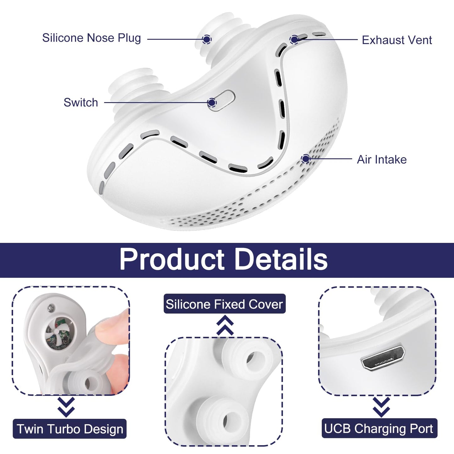 Anti Snoring Devices, Adjustable Wind Speed Snoring Solution, Electric Anti Snore Reduction Device Aids Nose Vents Plugs for Men & Women(White)-1