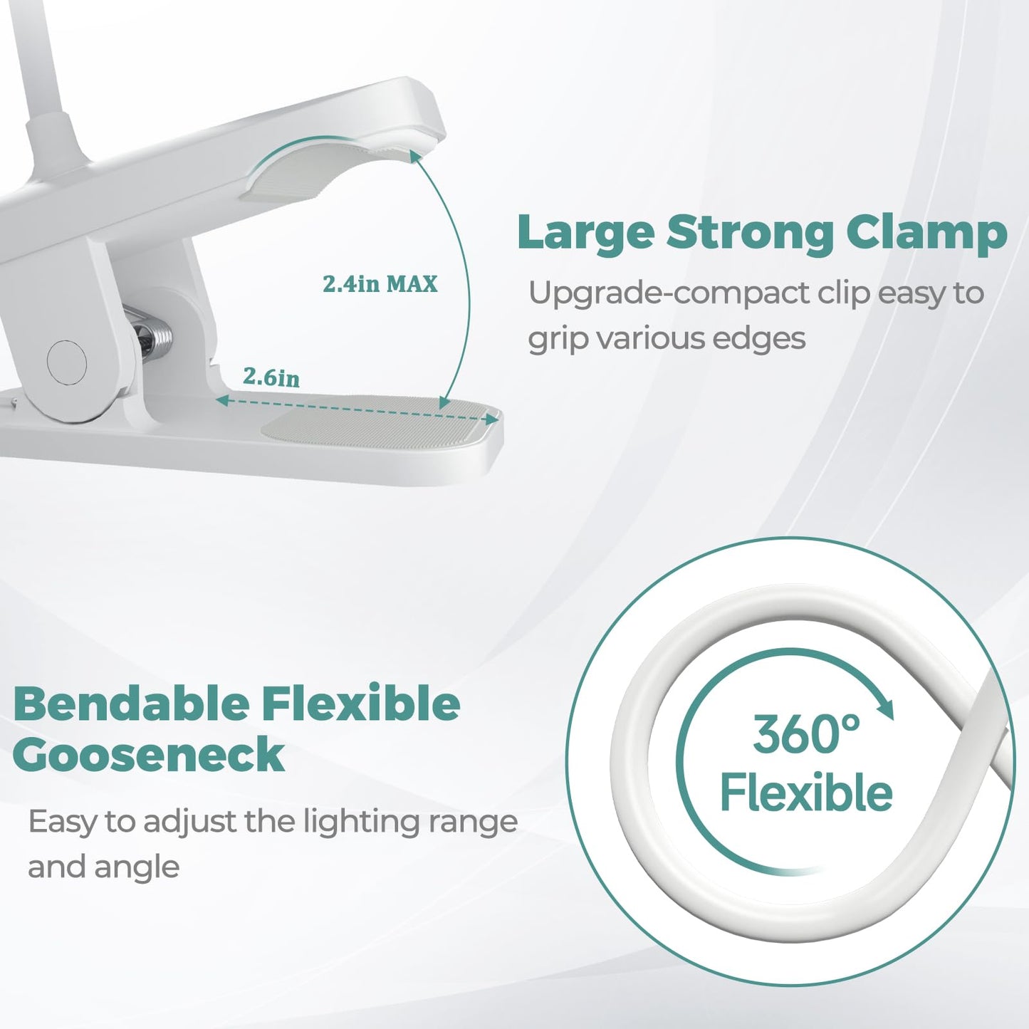 CUHIOY Clip-on Reading Light, Rechargeable, 5 Colors, 5 Brightness Levels, Round Head, White, Model F921WB