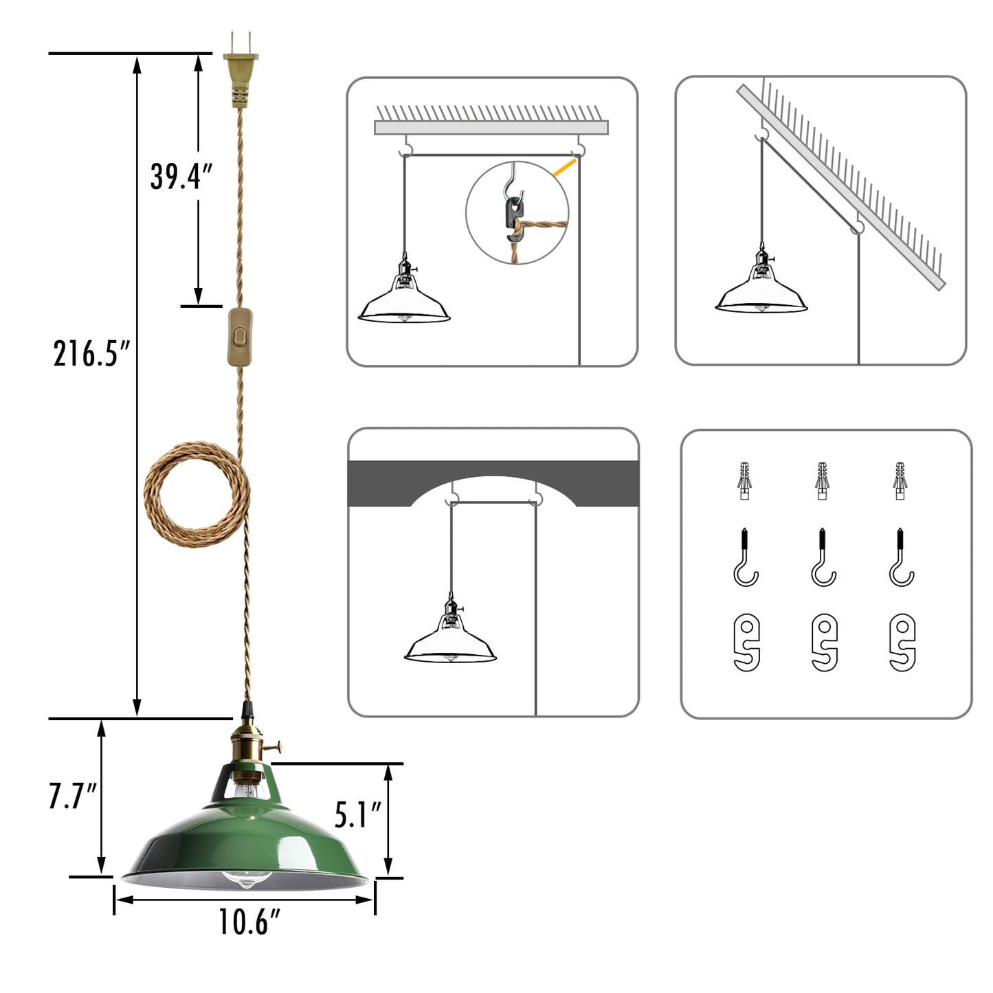 Yubole Modern Green Plug-In Pendant Light Macarons Kitchen Hanging Swag Lighting  Metal Barn Shade With On-Off Switch Plug Cord Light For Bedroom Foyer Dining Bar