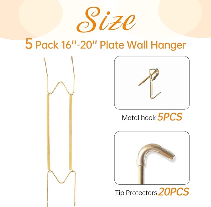Bilillo 5 Pack Plate Hangers for The Wall, 16–20 Inch Large Decorative Plates, Heavy Duty Stainless Steel Spring Wire Holders with Wall Hooks for Secure Display of Platters and Collectible Plates