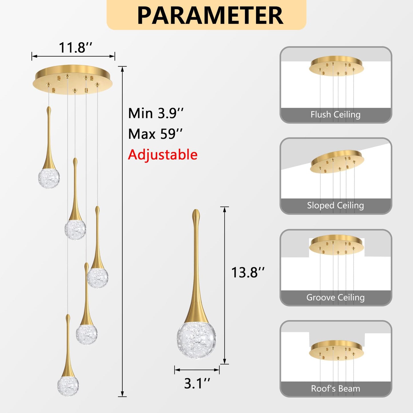 Cenzoz 5-Lights Modern Pendant Lights For Kitchen Island Led Dimmable Chandelier Crystal Glam Ceiling Pendant Lighting For Dining Room Hallway Bedroom Lamp Antique Gold