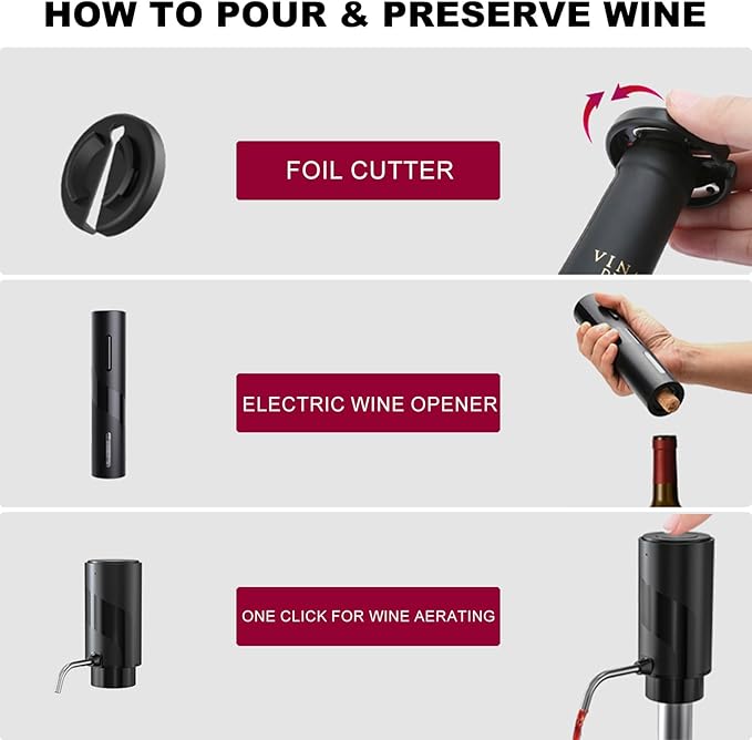 COKUNST Electric Wine Opener SetUSB Rechargeable Bottle Opener and Wine Decanter&Wine Aerator and PourerWine StopperFoil Cutter 4-in-1 Gift Set for Wine Lovers Home Kitchen Party Wedding Bar SGS-KD-7