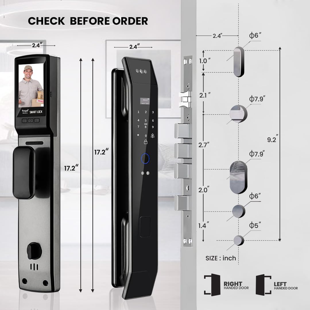 Smart WiFi Door Lock with 3D Face Recognition, Fingerprint, Video Doorbell & Intercom | Keyless Entry via Passcode, IC Card, Tuya App & Mechanical Key | Camera Security System for Front Door