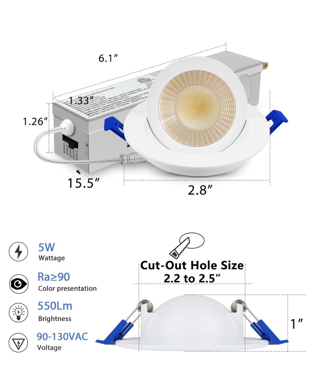 Adetu 2 Inch 5Cct Gimbal Led Recessed Lighting With Junction Box  360?90?Adjustable Recessed Can Lights  2700K/3000K/3500K/4000K/5000K Selectable  5W Eqv 50W  550Lm Brightness - Etl (White 12 Pack)