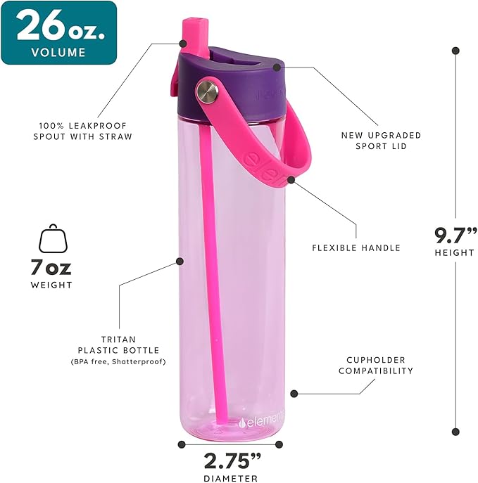 Elemental Splash Water Bottles - BPA-Free Tritan Plastic Reusable Water Bottle with Strap - Ideal for Gym and Sports Leak Proof when Spout is Closed - Berry Breeze & Cotton Candy - 26oz (2 Pack)
