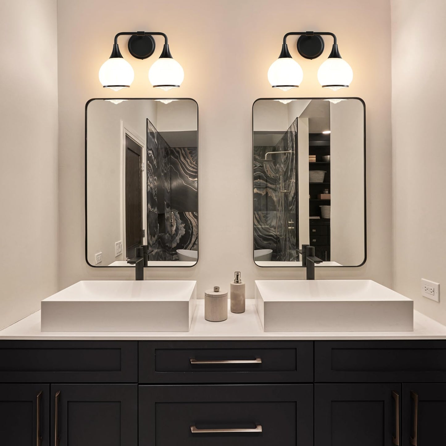 Hahzt 2 Light Black Bathroom Vanity Light Fixtures With Milky White Frosted Glass Shade, Model 8033Ml, Wall Sconce Lighting
