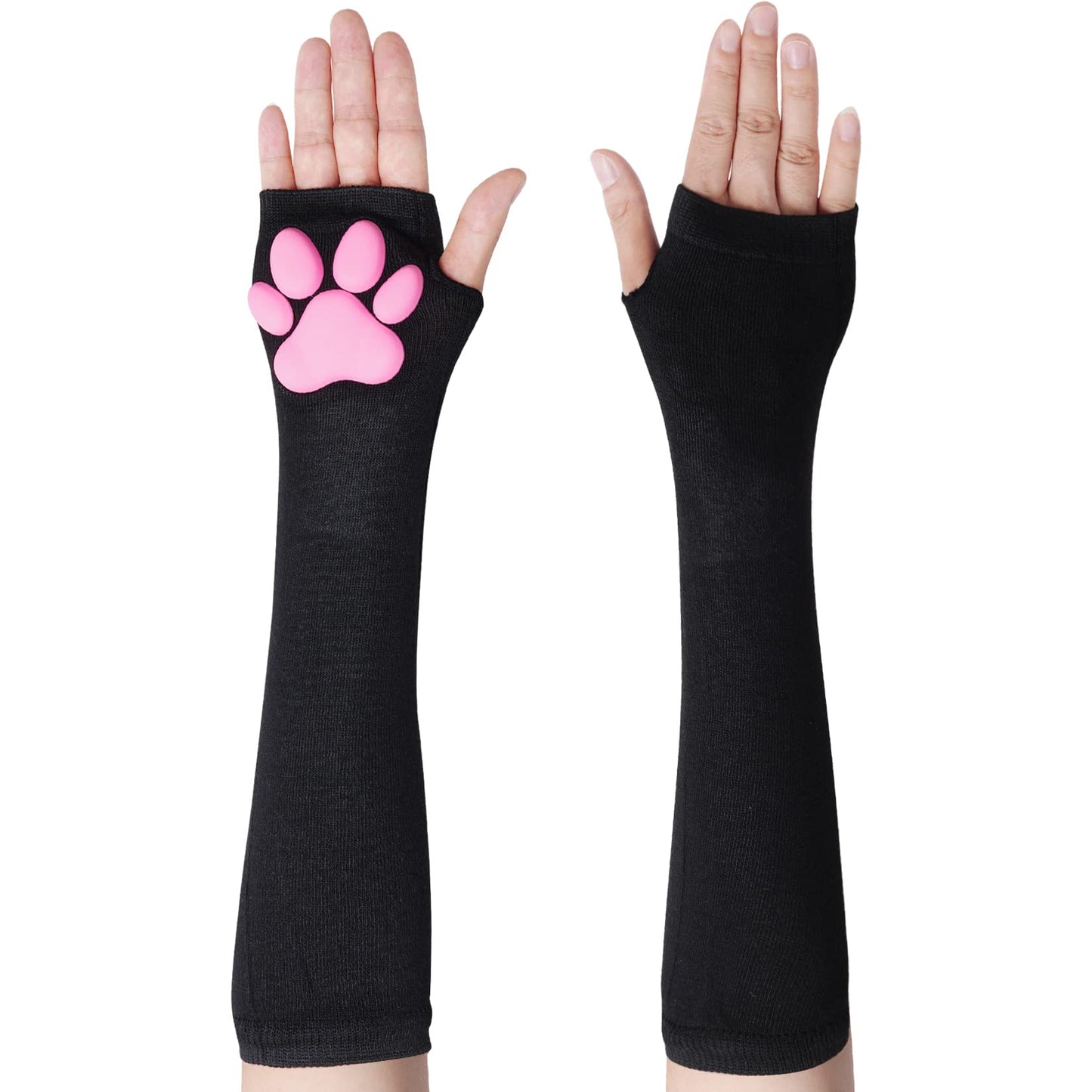 Nydotd Cat Paw Pad Mittens Gloves Kawaii Pink 3D Claw Fingerless Cute Cat Cosplay Gloves Sleeve for Girls Halloween Party (Black, Long)