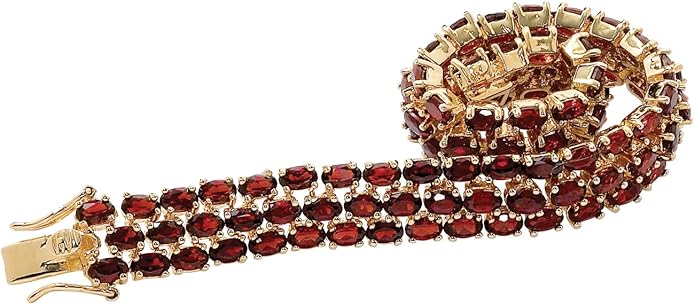Palm Beach Jewelry PalmBeach Yellow Gold-plated Oval Shaped Genuine Red Garnet, Triple Row Tennis Bracelet (11.5mm), Hidde...
