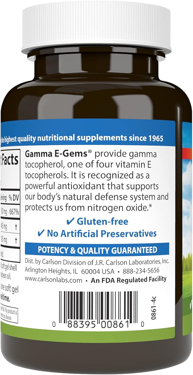 Carlson - Gamma E-Gems, 465 mg, Gamma Tocopherol, Vitamin E Tocopherol, Optimal Wellness, 120 Softgels