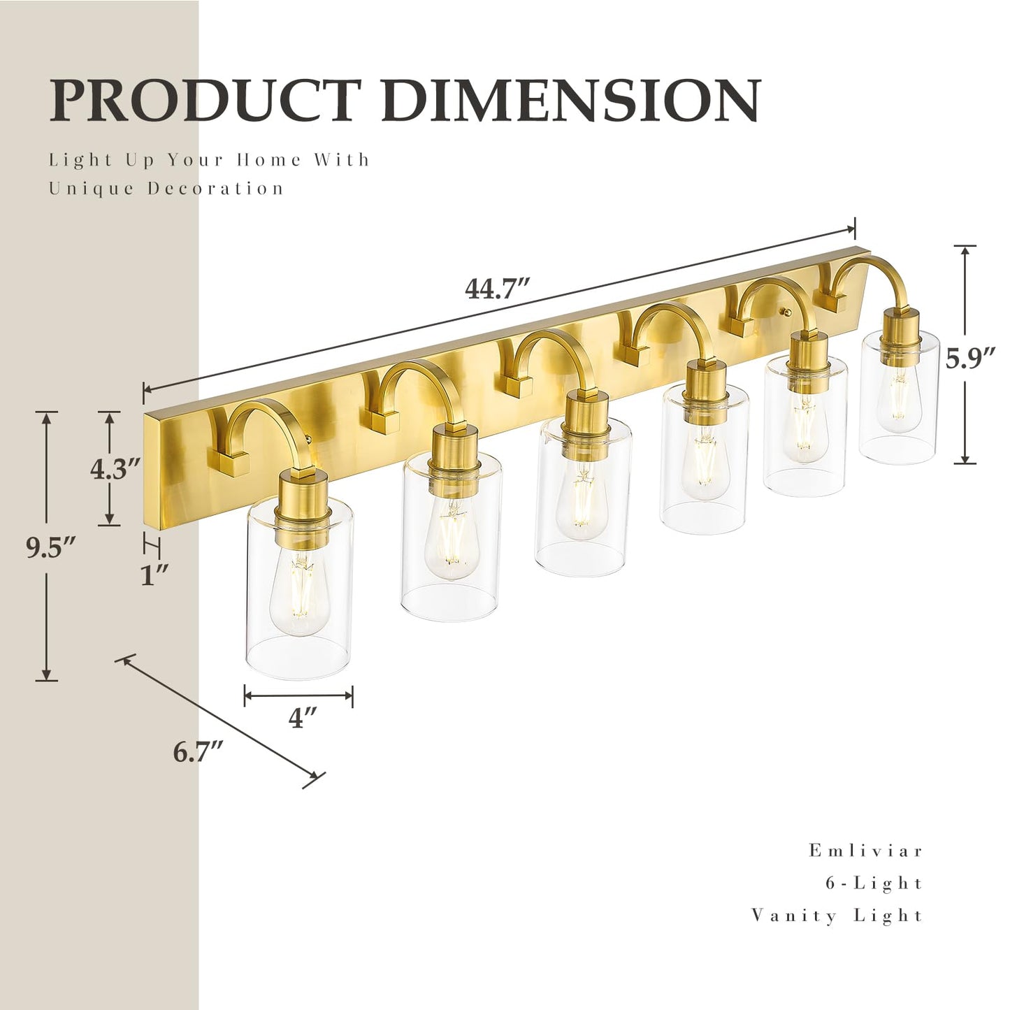 Emliviar Large 6-Light Vanity Lighting For Powder Room  44.7 Inch Wall Lamp Over Mirror With Clear Glass Shade  Brushed Gold Finish  Yce237B-6W Bg