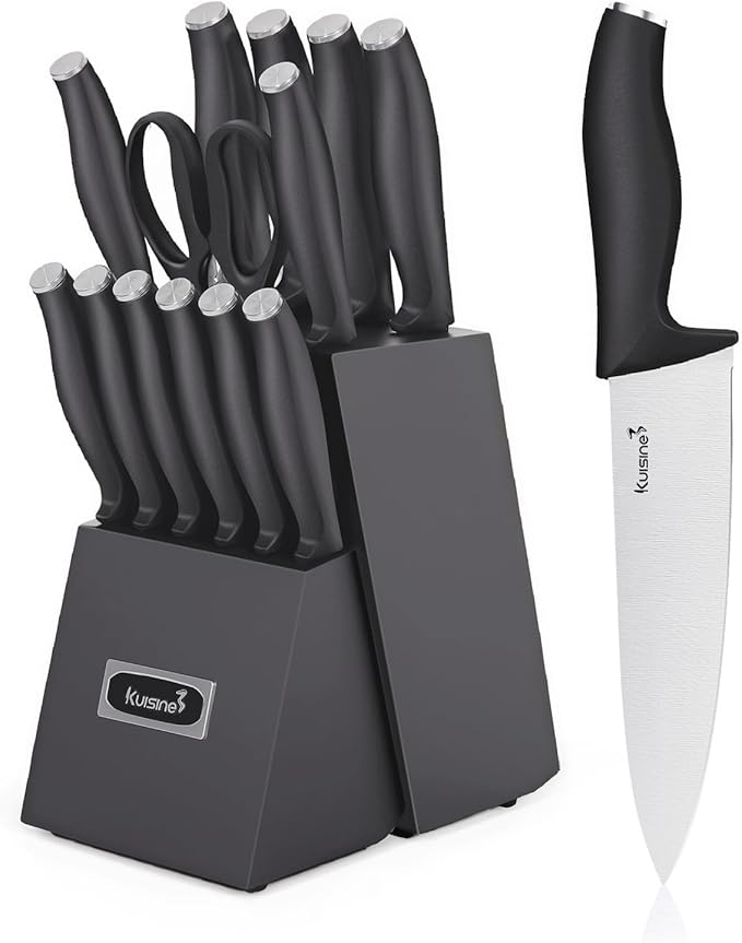 Kuisine Upgraded Chef Knife Set,High Carbon Stainless Steel Ultra Sharp Blade Ergonomic Handle,Kitchen Knife Block Set with Built-in Sharpener,Elegant Gift for Holiday(Silver Black,15PCS)