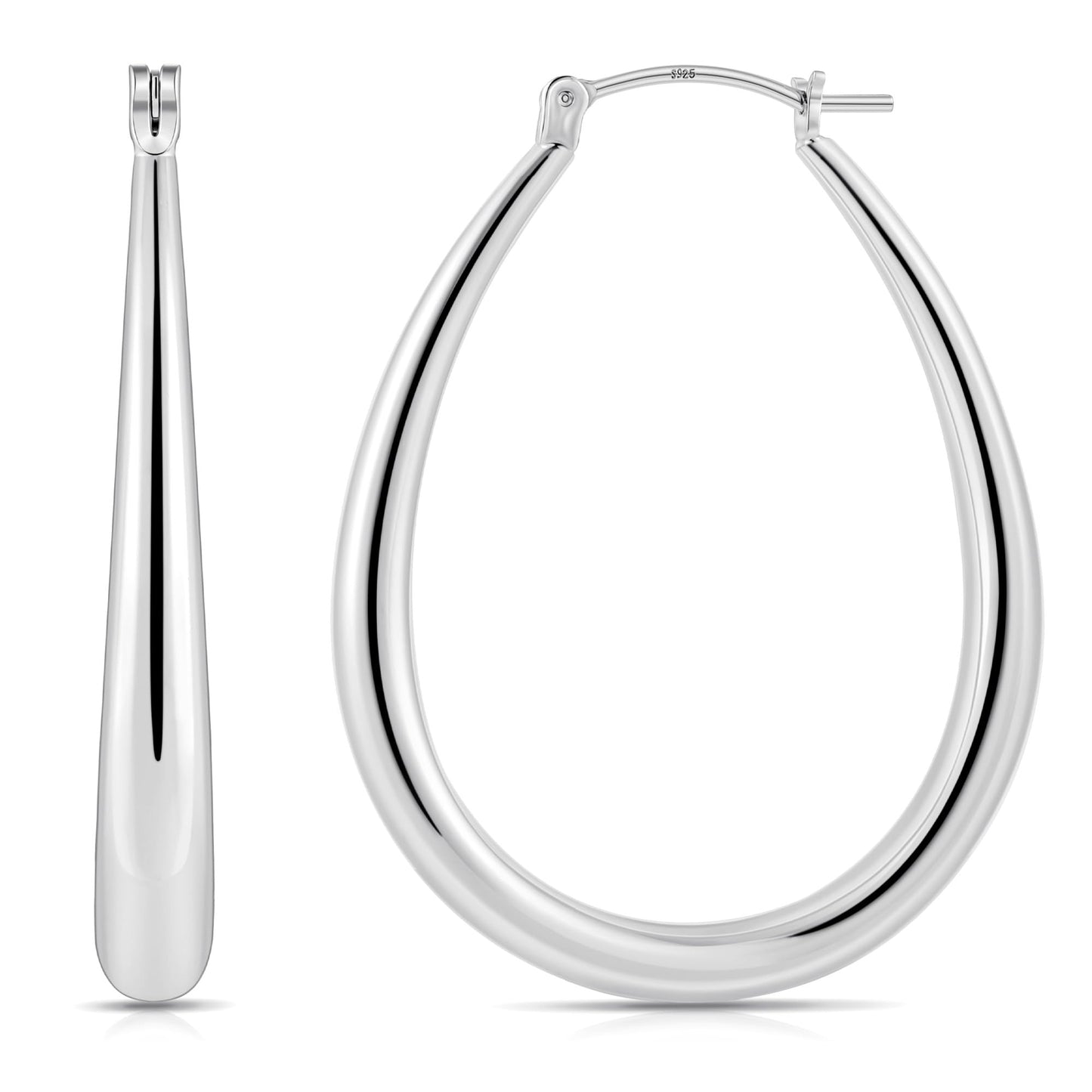Gacimy Silver Chunky Hoop Earrings for Women, 14K White Gold Plated Oval Hoop Medium Earrings with 925 Sterling Silver Post, 40m
