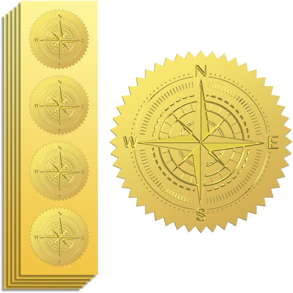 Peacoblue Gold Foil Sticker Seal Embossed 2 Inch 100Pcs Compass, Self Adhesive Gold Around Embossing Sticker for Invitation Certificate Envelope Seal Gift Card Decoration