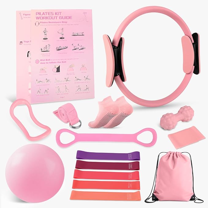 NITMTYOU Home Pilates Essentials Kit for Women - Complete Set with 9" Yoga Ball, Figure 8 Resistance Band, Pilates Bands, ...