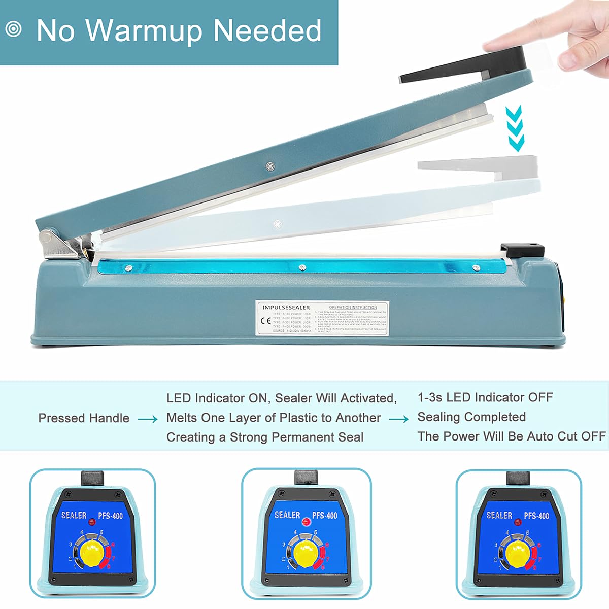 SEELAUGH 12 Inch 5mm Impulse Heat Sealer Machine for Plastic Mylar Bags, Metal Shell, with 6 Replacement Parts (including 2 Cutting Lines)