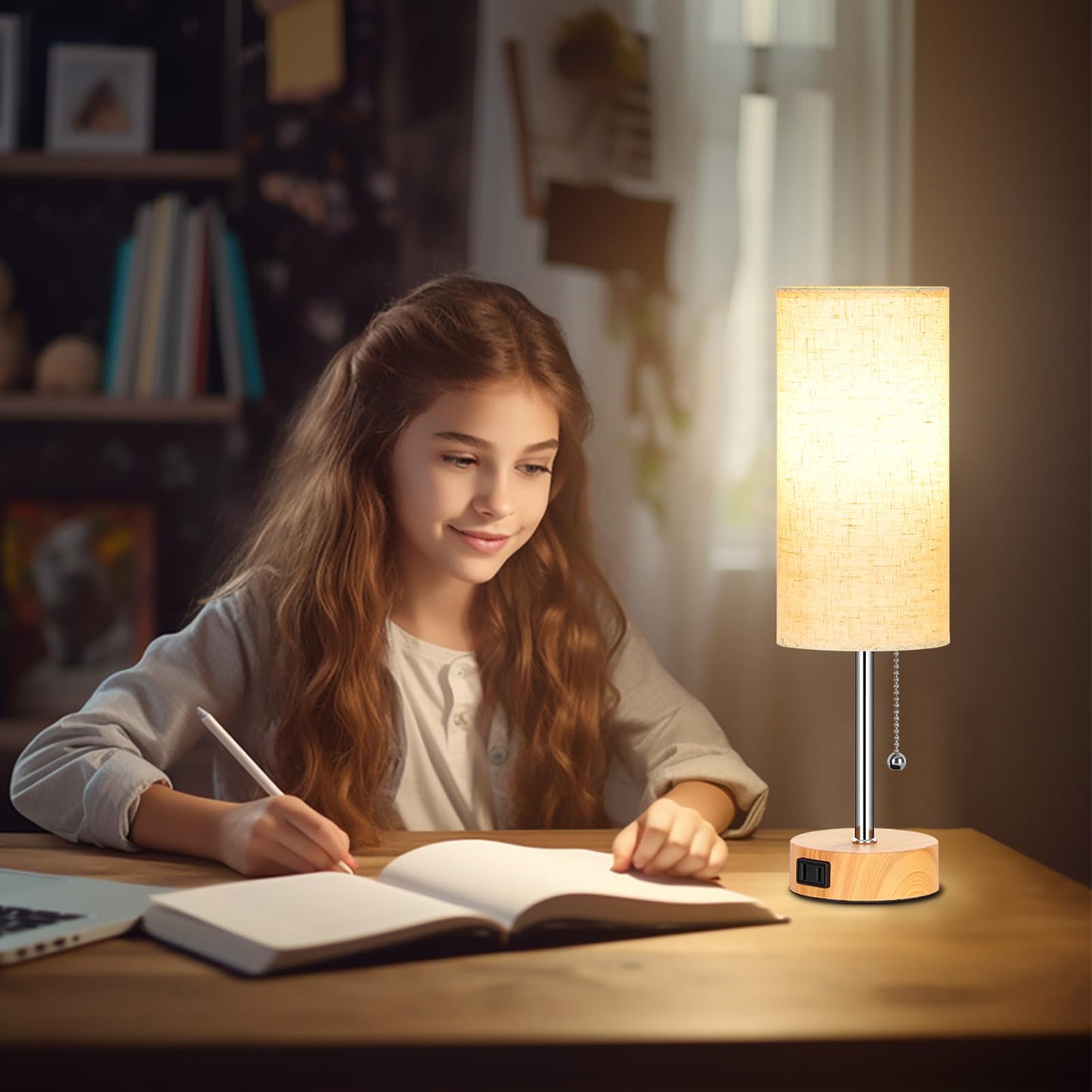 Dott Arts Table Lamp For Bedroom  3-Color Bedside Lamps With Pull Chain  Bedroom Table Lamps For Nightstand Ac Outlet Small Lamp For Living Room  Bulb Included Oatmeal