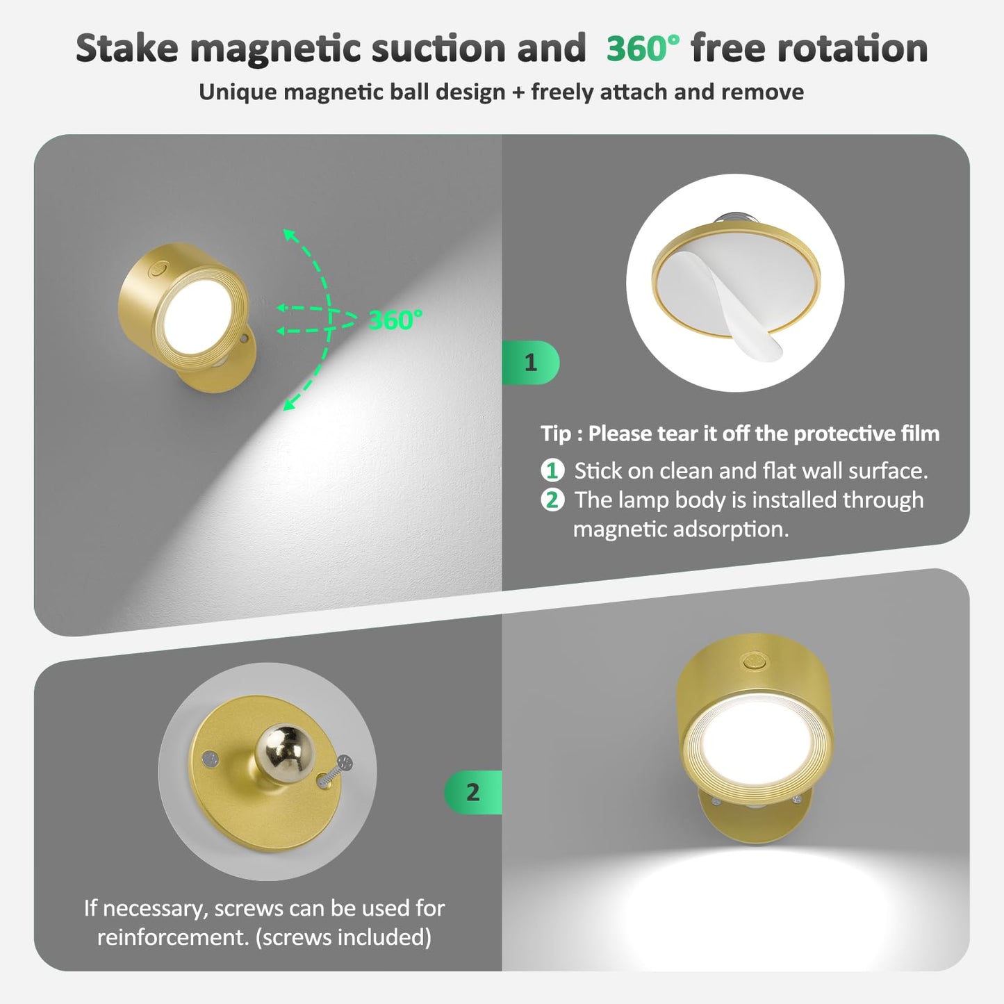 Lightbiz LED Wall Lights, 2 Pcs, Rechargeable, Dimmable, 3 Color Temperatures, Magnetic 360? Rotation, Gold, Model X120