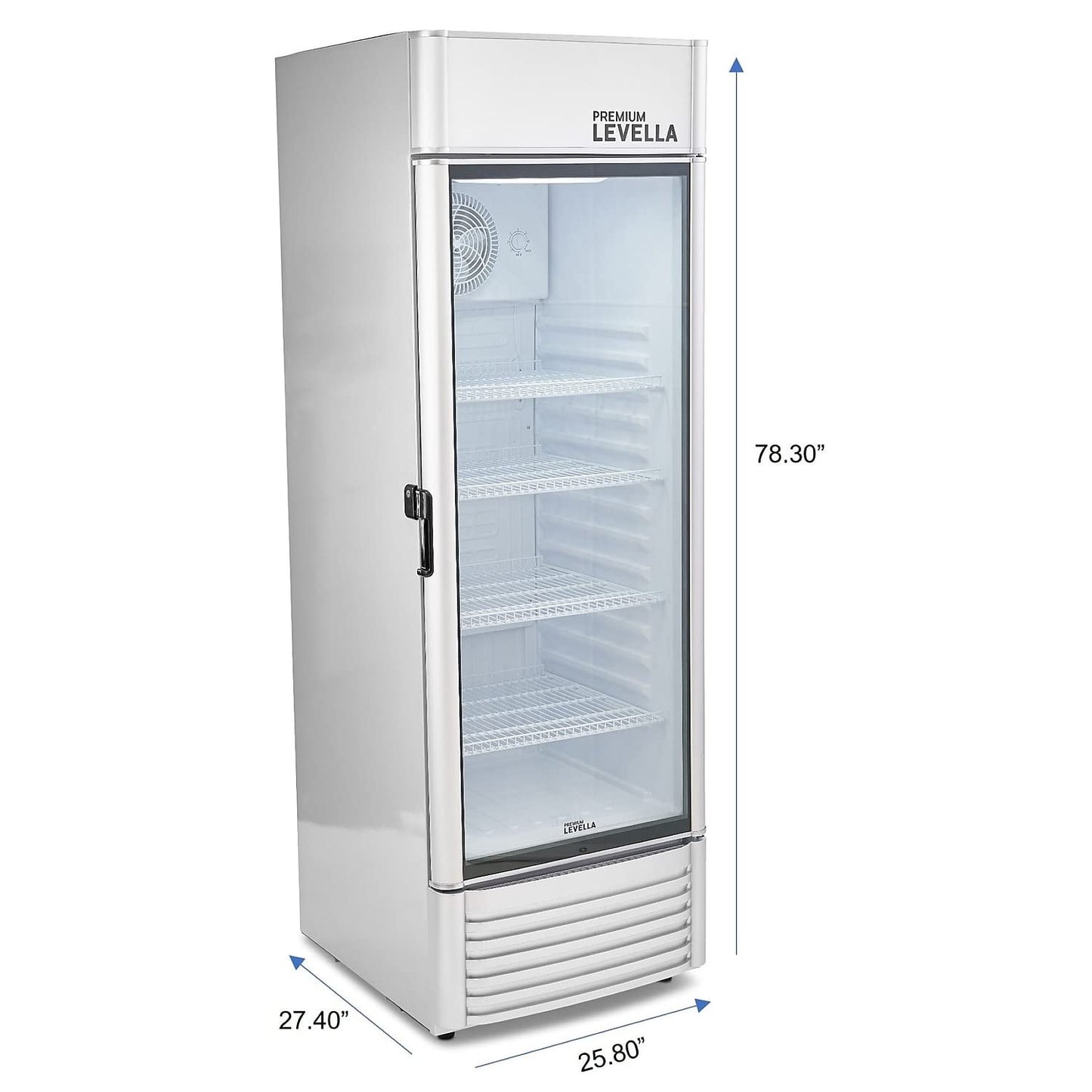 PremiumLevella PRF155DX Glass Door Display Refrigerator 15.5 cu ft Commercial Beverage Cooler Merchandiser With Customizable Lightbox - Silver