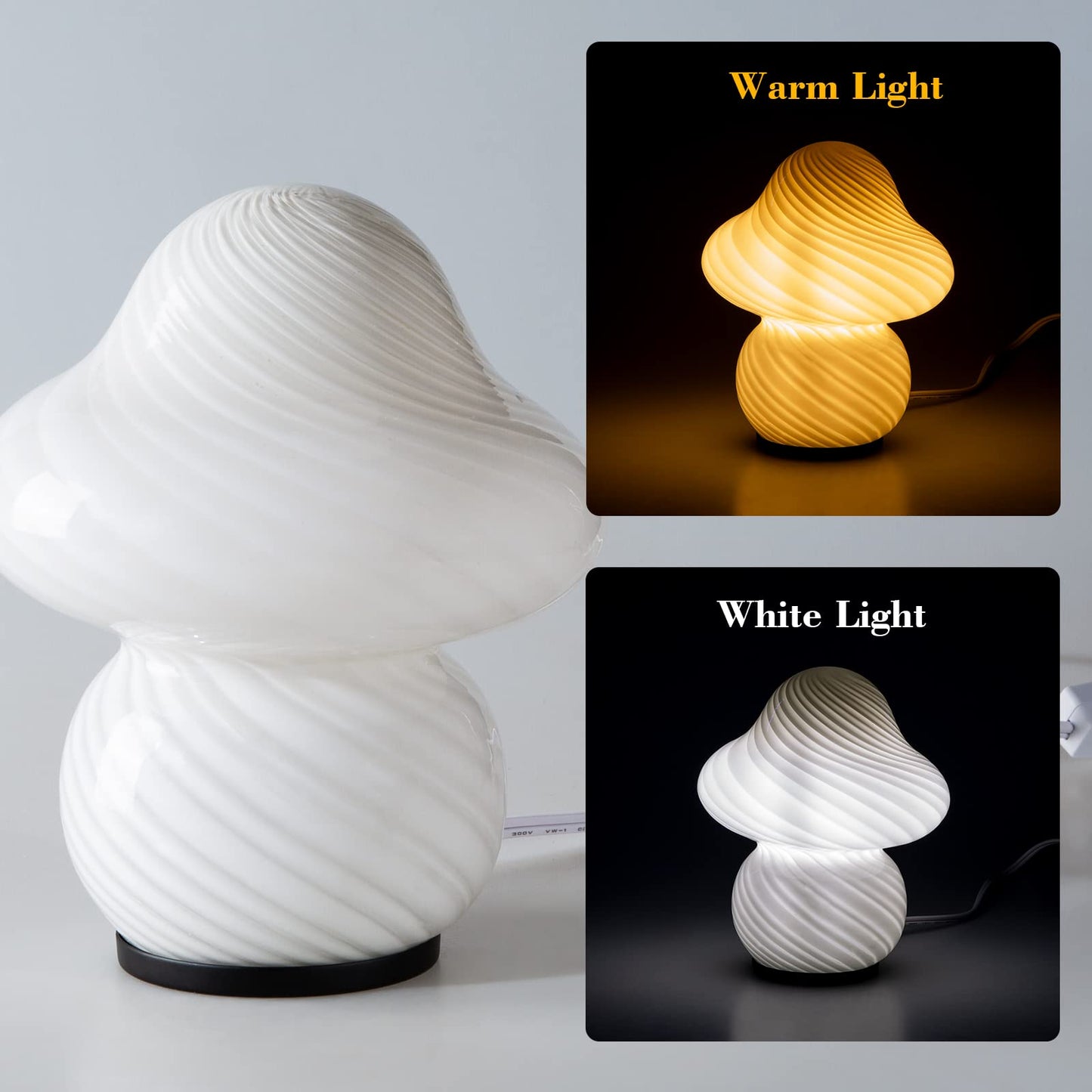 Coosa Mushroom Lamp - Glass Bedside Table Lamp, Ceramic, White Stripe, Cute Nightstand Desk Lamp for Home Decor and Study