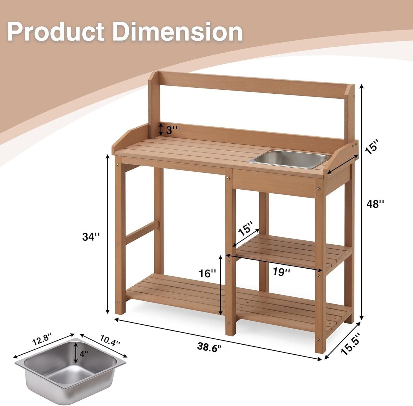 Psilvam Outdoor Potting Bench with Sink for All-Weather Gardens, HDPE Potting Benches for Outside, Planting Table for Garden, Patio and Lawn (Teak Color)