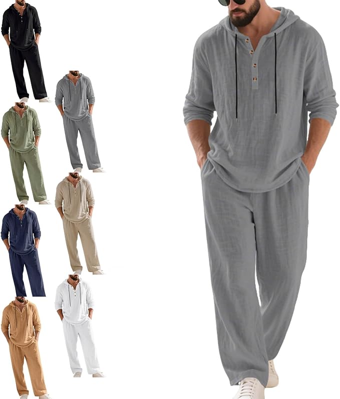 Men's Hooded Casual Loose Top & Pants 2-Piece Set Linen Suit Long Sleeve Hoodie and Sweatpants Summer Outfits Beach Sets