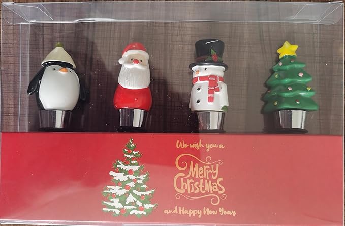 4 Pack Christmas Wine Stoppers Set, Resin Wine Bottle Stoppers for Winter Decor Holiday Wedding Christmas Party Supplies, Wine Accessories Gift for Hostess - Wine Bottle Corkers
